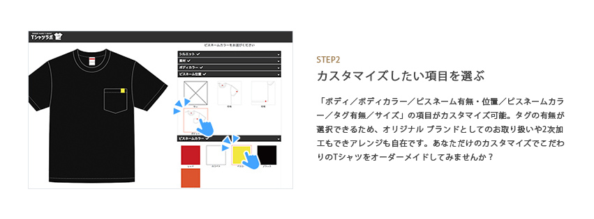 オーダーメイドTシャツの作り方手順2つ目カスタマイズの項目を選ぶの参考画像SP